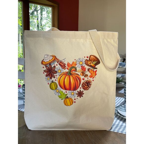 Fall Season Pumpkin Leaves Canva Tote Bag Organic Cotton - Picture 1 of 3